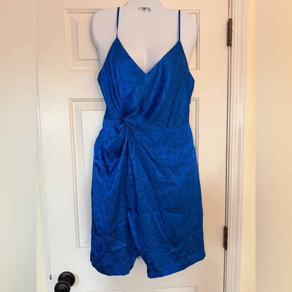 Lulus Blue Satin Floral Jacquard Wrap Dress Size M